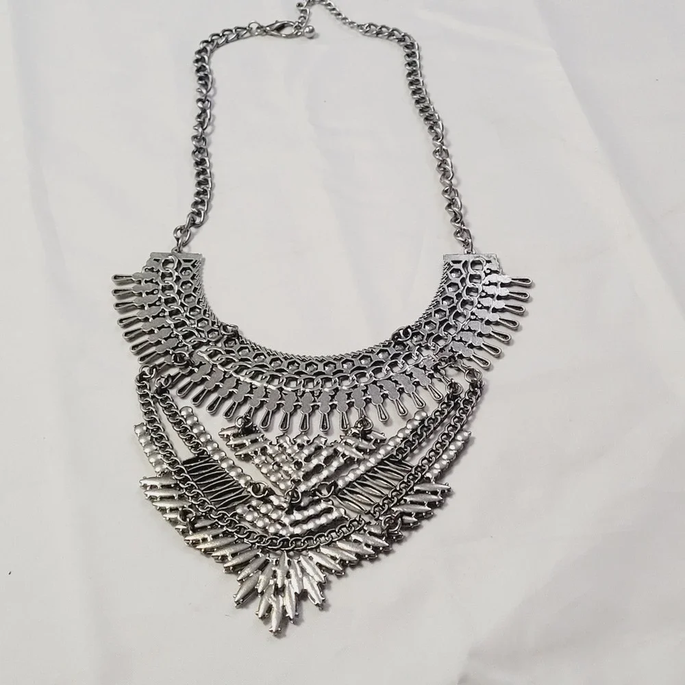 Women's Statement Bib Necklace OS Silver Rhinestone Tiered Boho Crystal U46